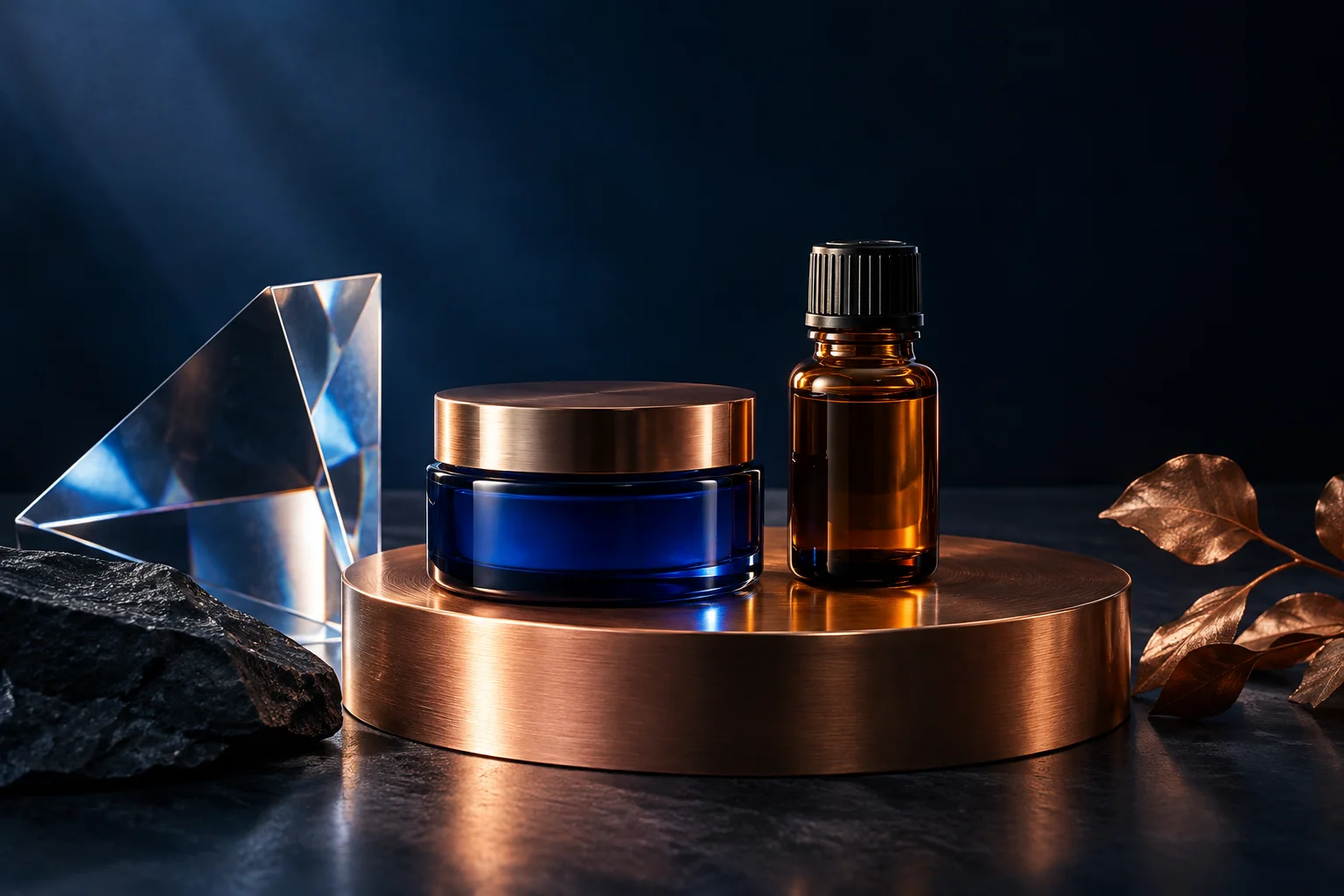 Unbranded cobalt jar and amber bottle on a copper plinth beside a glass prism